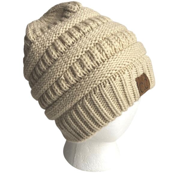 C.C Exclusives Accessories - CC Solid Classic Beanie Tail Hat Beige Ponytail Messy Bun One Size Fisherman